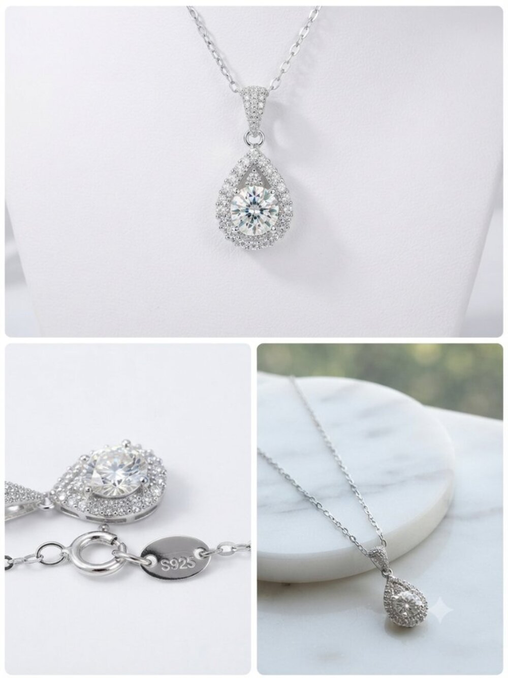 NWT | Pear Moissanite 2ctw Halo Pendant Necklace 925 Sterling Silver 17.5"